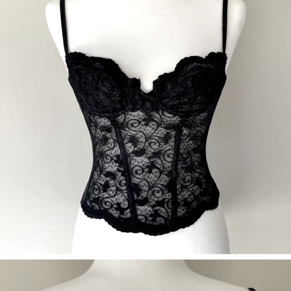 Victoria's Secret Black Corset Lace Gold Label Vintage Boning Made USA Bustier